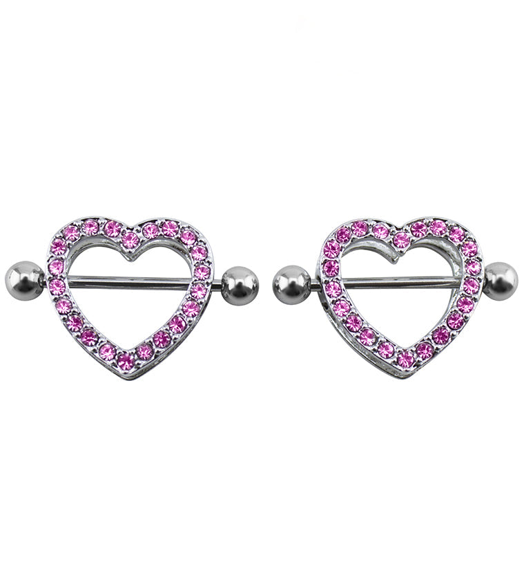 Heart Pink CZ Nipple Ring Barbell Shield