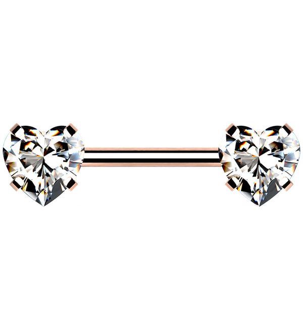 Rose Gold PVD Stainless Steel Double Heart CZ Threadless Barbell
