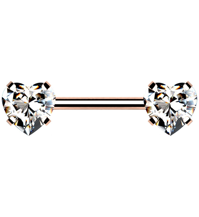 Rose Gold PVD Stainless Steel Double Heart CZ Threadless Barbell