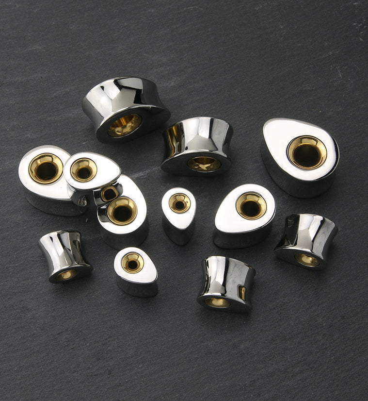 Hollow Golden Tunnel Stainless Steel Teardrop Plugs