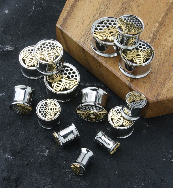 Honeycomb Bee Stainless Steel Double Flare Tunnel Plugs