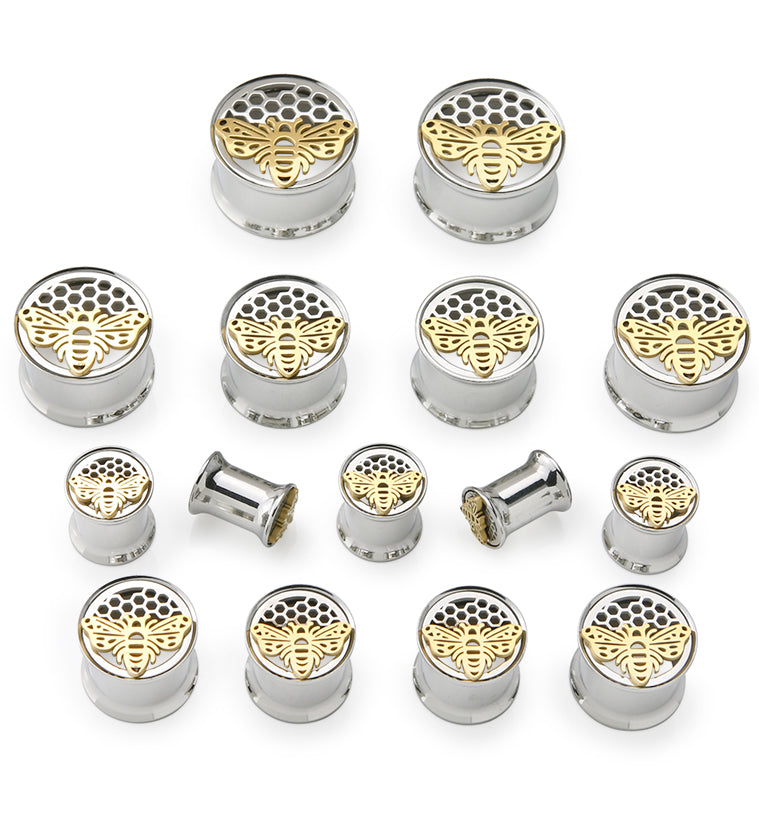 Honeycomb Bee Stainless Steel Double Flare Tunnel Plugs
