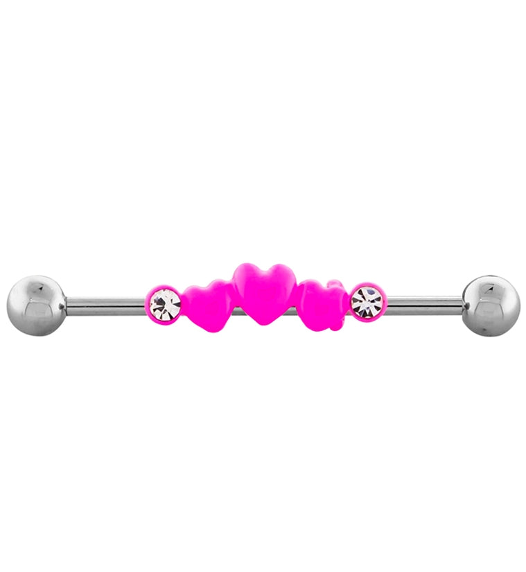 Hot Pink Triple Heart CZ Industrial Barbell