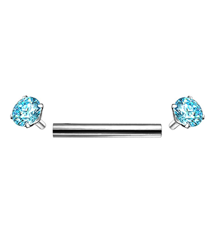 Aqua Double Square CZ Prong Set Stainless Steel Barbell
