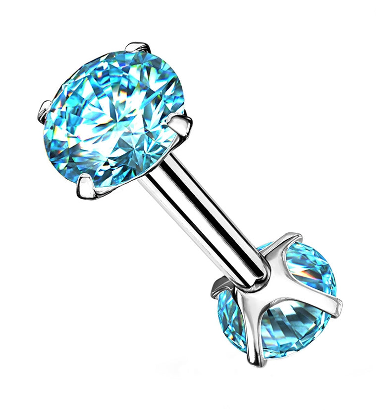 Aqua Double Square CZ Prong Set Stainless Steel Barbell
