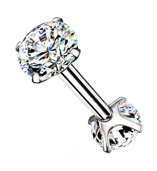 Clear Double Square CZ Prong Set Stainless Steel Barbell
