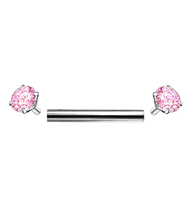 Pink Double Square CZ Prong Set Stainless Steel Barbell
