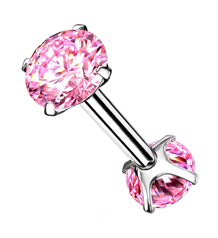 Pink Double Square CZ Prong Set Stainless Steel Barbell