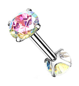 Rainbow Aurora Double Square CZ Prong Set Stainless Steel Barbell