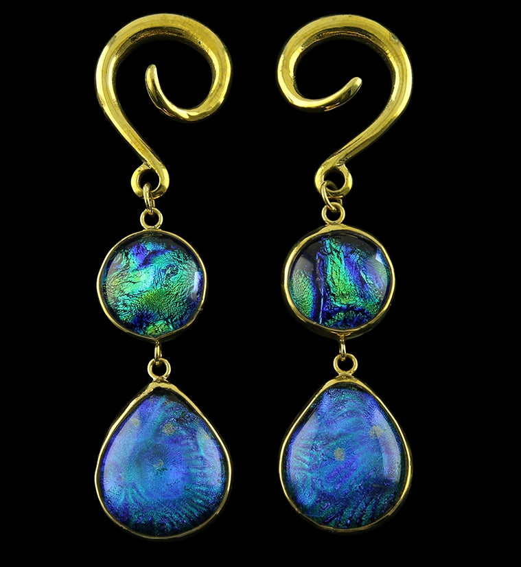 Ocean Blue Double Teardrop Dichroic Glass Brass Ear Weights