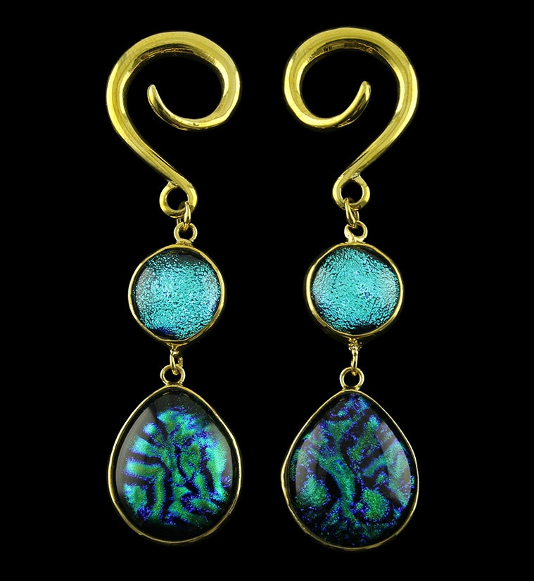 Mermaid Double Teardrop Dichroic Glass Brass Ear Weights