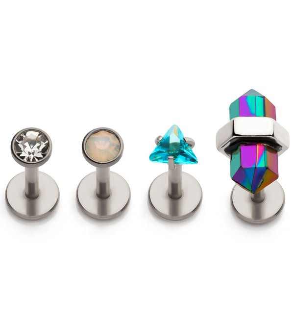 Aqua Triangle CZ and Rainbow Aurora Crystal Stainless Steel Internally Threaded Labret (Pack of 4)