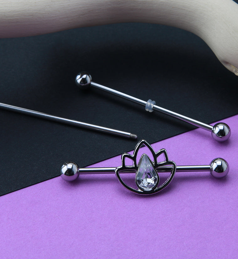 Lotus CZ Stainless Steel Industrial Barbell