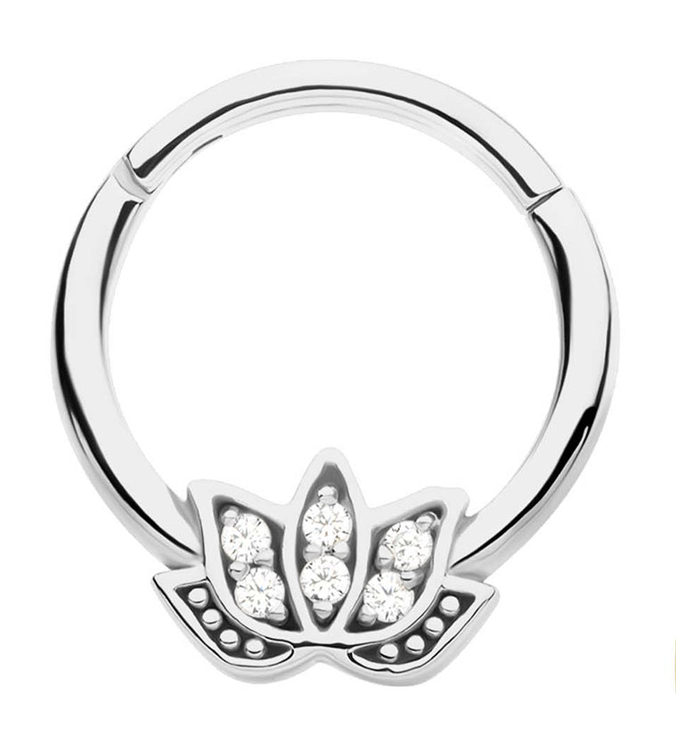 Lotus Flower Clear CZ Stainless Steel Hinged Segment Ring
