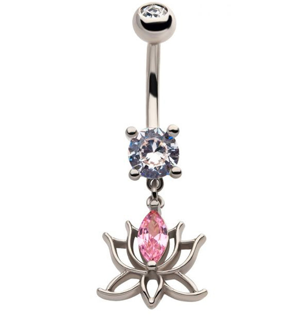 Lotus Flower Pink CZ Belly Button Ring