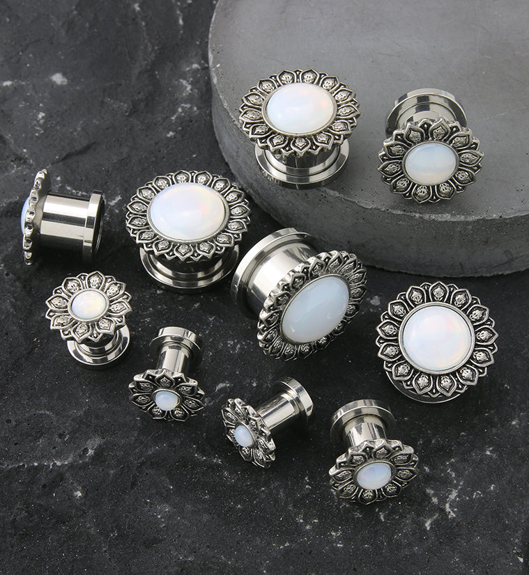 Lotus Flower White Opalite Stainless Steel Tunnel Plugs