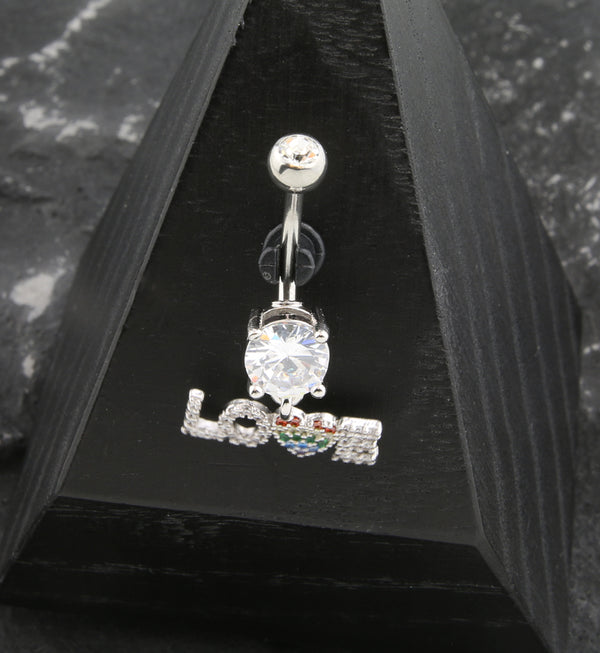 LOVE Rainbow Heart CZ Dangle Stainless Steel Belly Button Ring