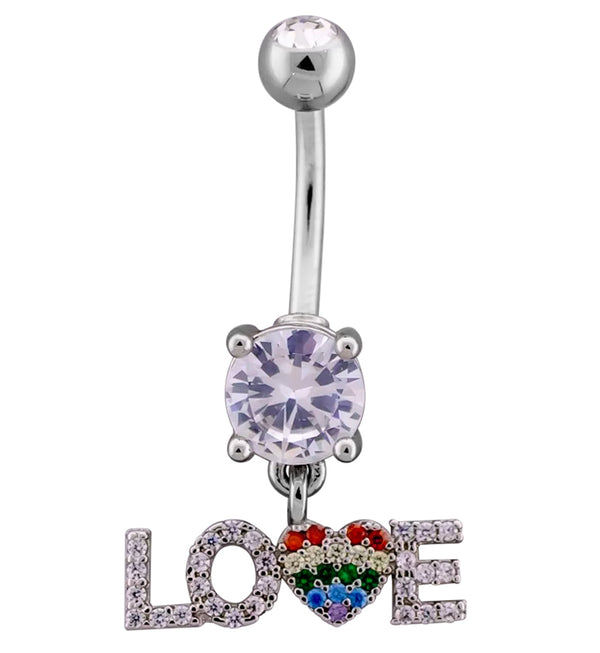 LOVE Rainbow Heart CZ Dangle Stainless Steel Belly Button Ring