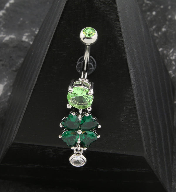 Lucky Clover Green CZ Dangle Stainless Steel Belly Button Ring
