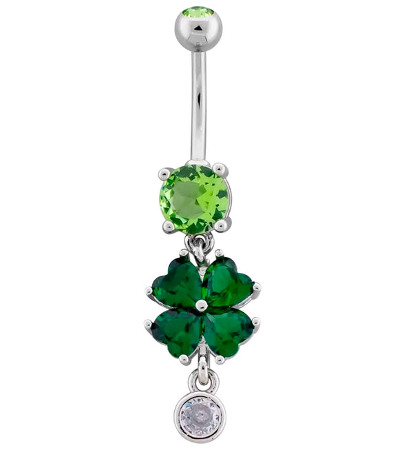 Lucky Clover Green CZ Dangle Stainless Steel Belly Button Ring