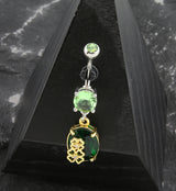 Lucky Clover Green Oval CZ Dangle Stainless Steel Belly Button Ring