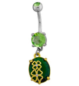 Lucky Clover Green Oval CZ Dangle Stainless Steel Belly Button Ring