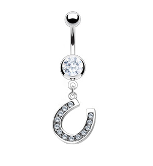 Lucky Horse Shoe CZ Gem Dangle Belly Button Ring