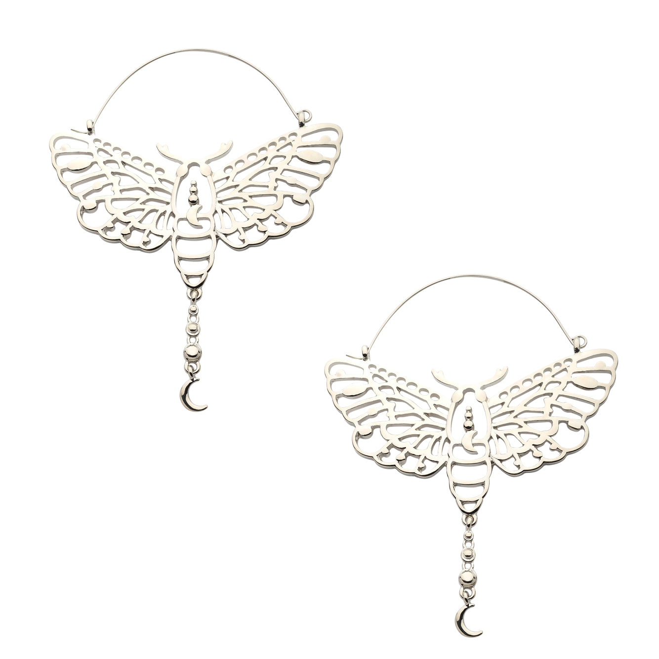 Luna Moth Dangle Moon Stainless Steel Plug Hoops | UrbanBodyJewelry.com