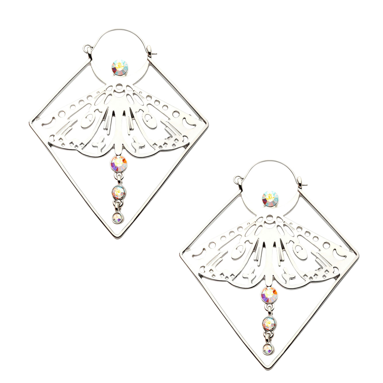 Luna Moth Dangle Rainbow Aurora CZ Stainless Steel Plug Hoops