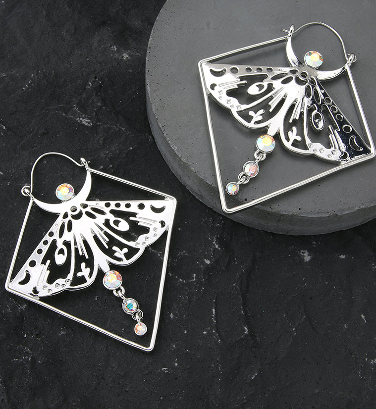 Luna Moth Dangle Rainbow Aurora CZ Stainless Steel Plug Hoops