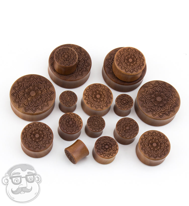 Mandala Flower Engraved Saba Wood Plugs