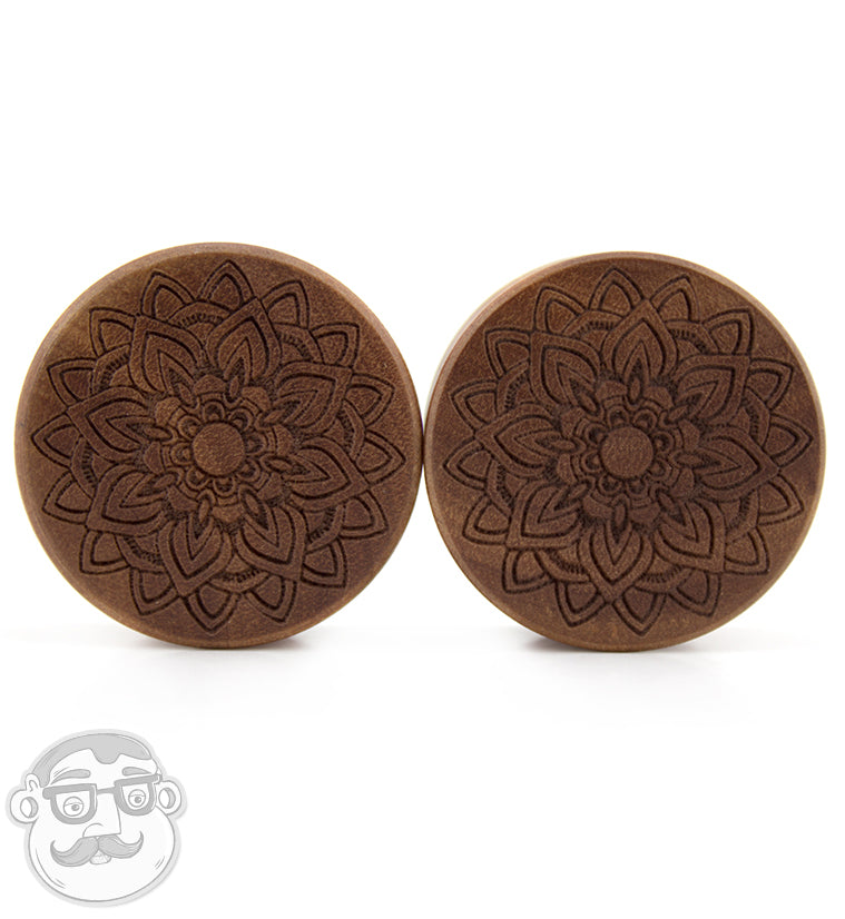 Mandala Flower Engraved Saba Wood Plugs