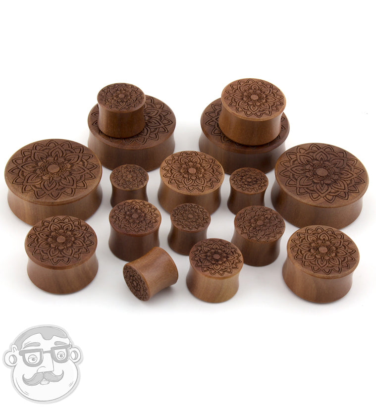 Mandala Flower Engraved Saba Wood Plugs