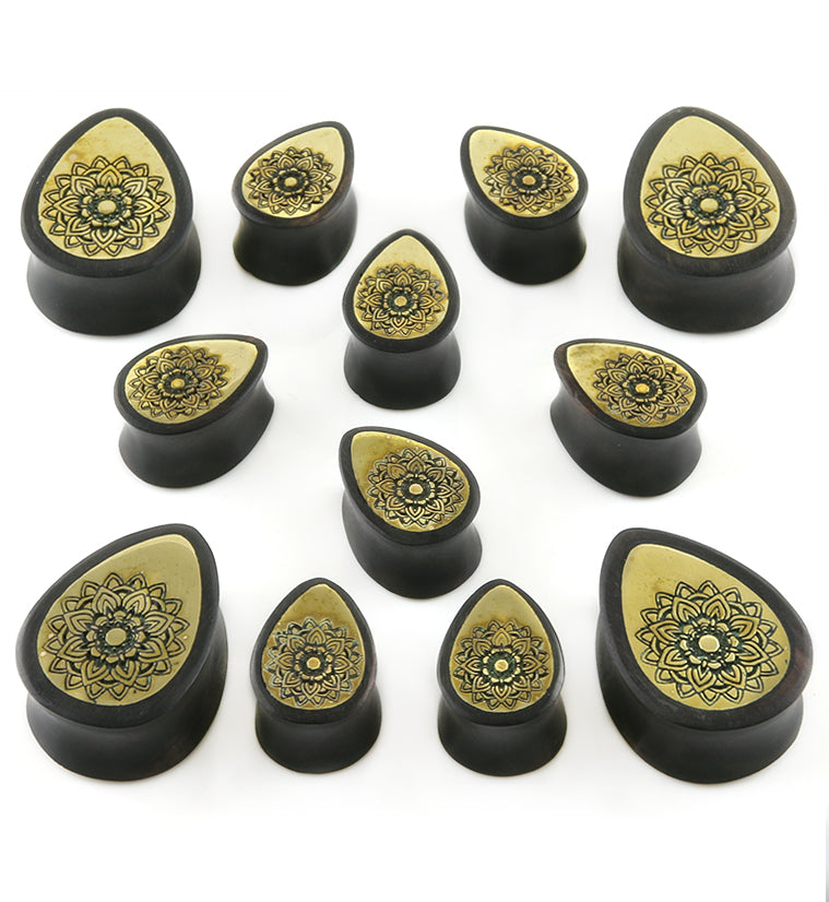 Areng Wooden Teardrop Plugs with Mandala Brass Inlay