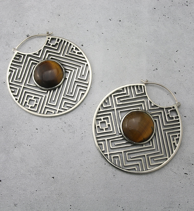 Mesh Tigers Eye Stone White Brass Ear Weights