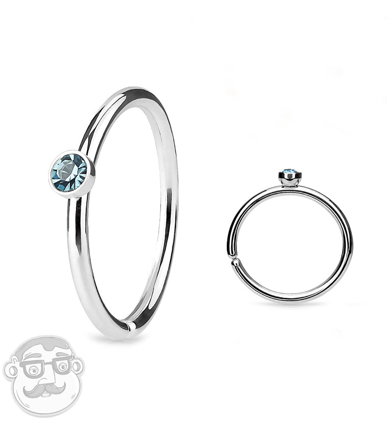 20G Stainless Steel Nose Hoop with Micro Aqua CZ Gem