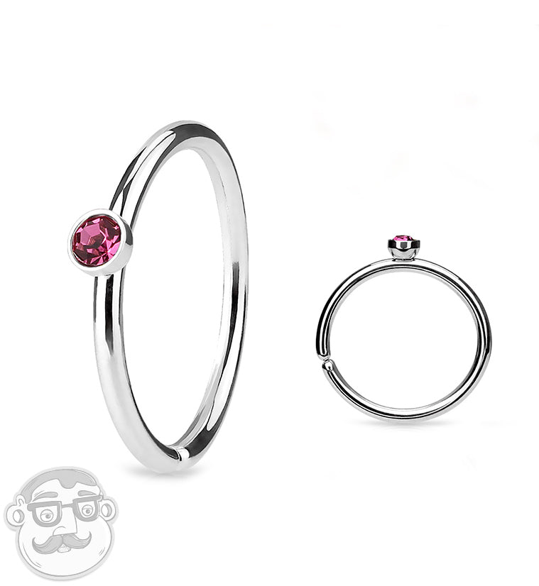 20G Stainless Steel Nose Hoop with Micro Pink CZ Gem