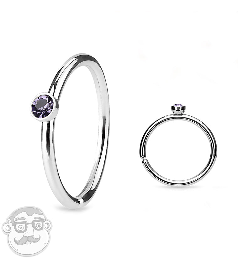 20G Stainless Steel Nose Hoop with Micro Purple CZ Gem