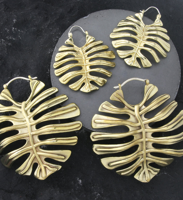 Monstera Deliciosa Leaf Brass Hangers / Earrings