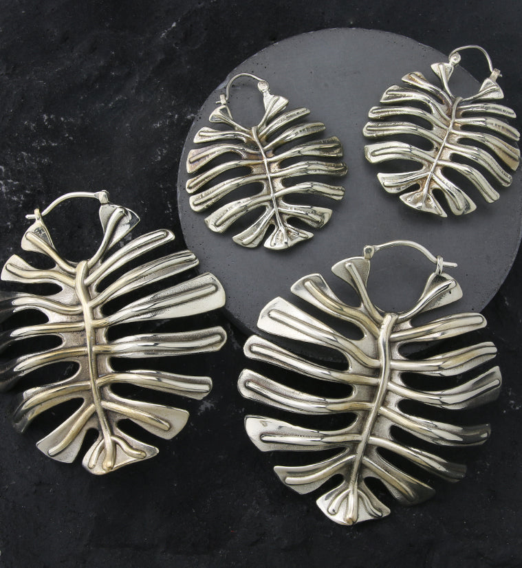 Monstera Deliciosa Leaf White Brass Hangers / Earrings