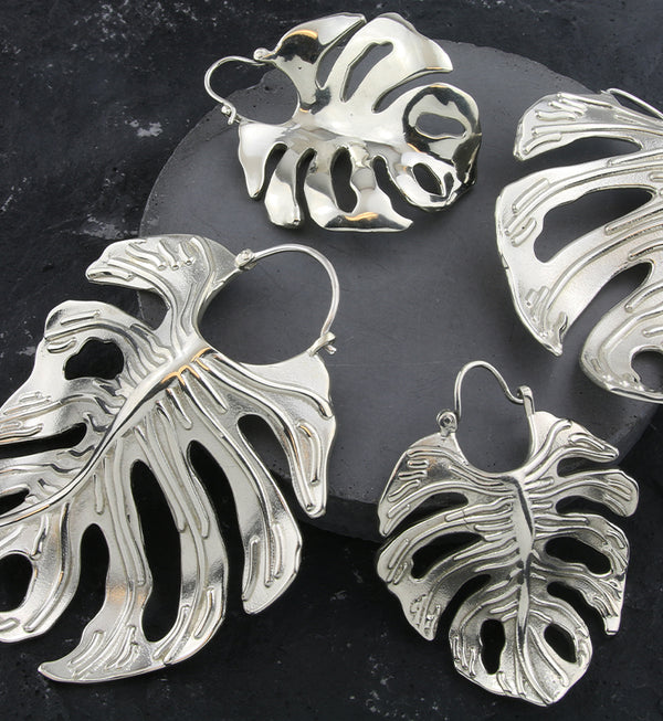 Monstera Variegata Leaf White Brass Hangers / Earrings