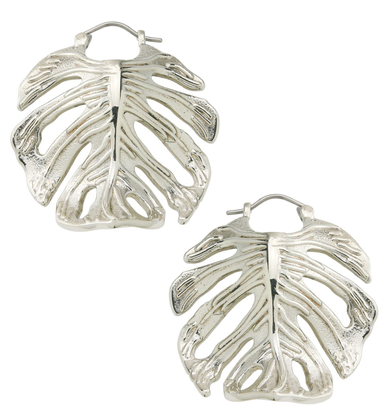 Monstera Variegata Leaf White Brass Hangers / Earrings