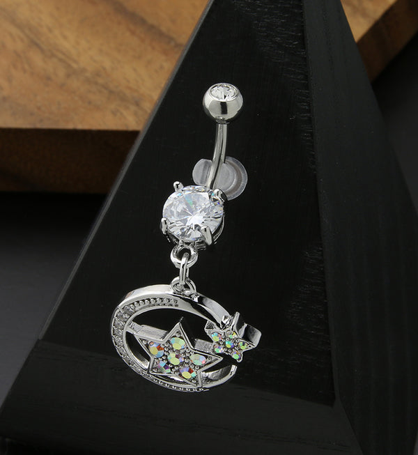 Moon and Stars Rainbow Aurora CZ Stainless Steel Belly Button Ring