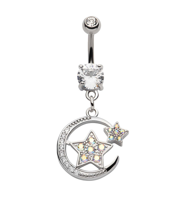 Moon and Stars Rainbow Aurora CZ Stainless Steel Belly Button Ring