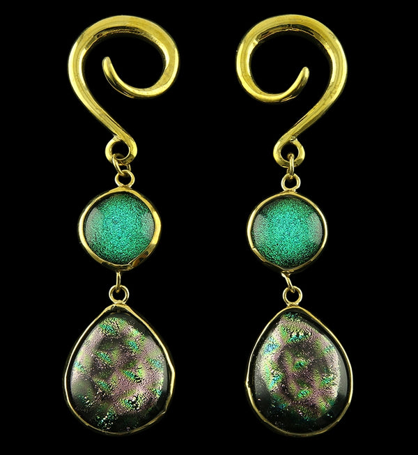 Enchanted Forest Double Teardrop Dichroic Glass Brass Ear Weights