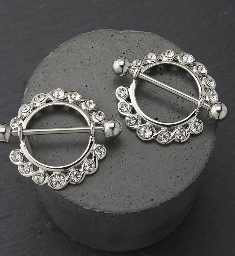 Nipple Ring CZ Diamond Gem Bar Bell Shield