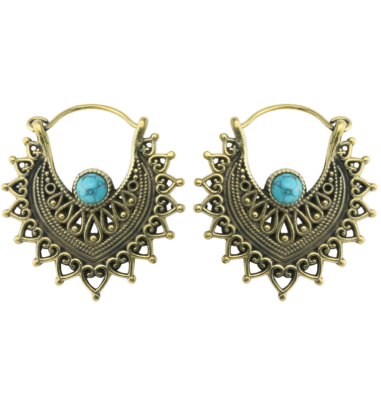 Noble Howlite Turquoise Stone Inlay Brass Hangers / Earrings