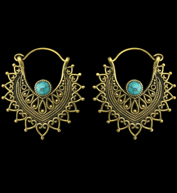 Noble Howlite Turquoise Stone Inlay Brass Hangers / Earrings