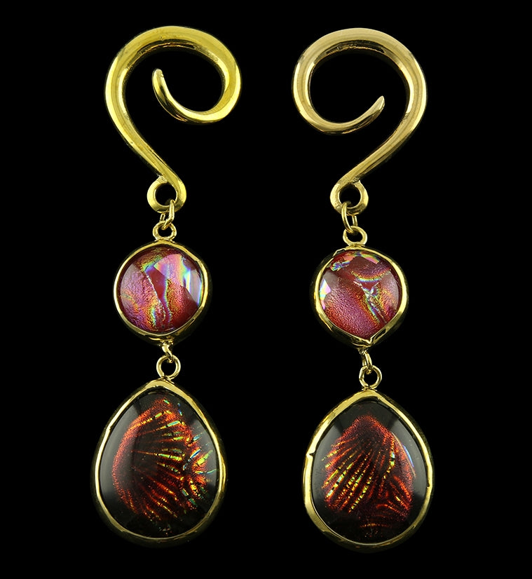 Firework Double Teardrop Dichroic Glass Brass Ear Weights