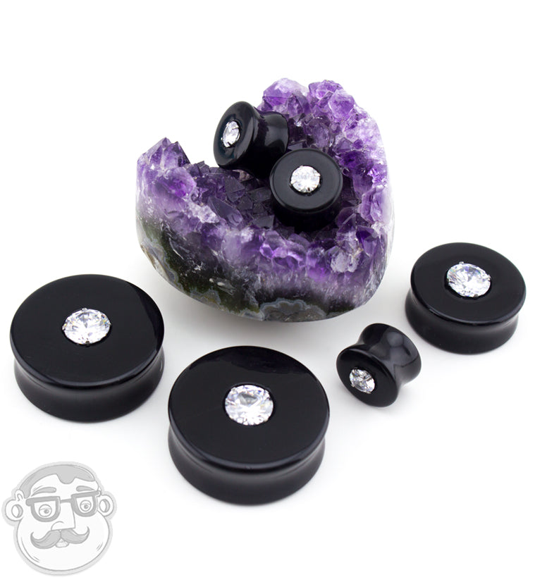 Obsidian Stone Plugs with CZ Inlay
